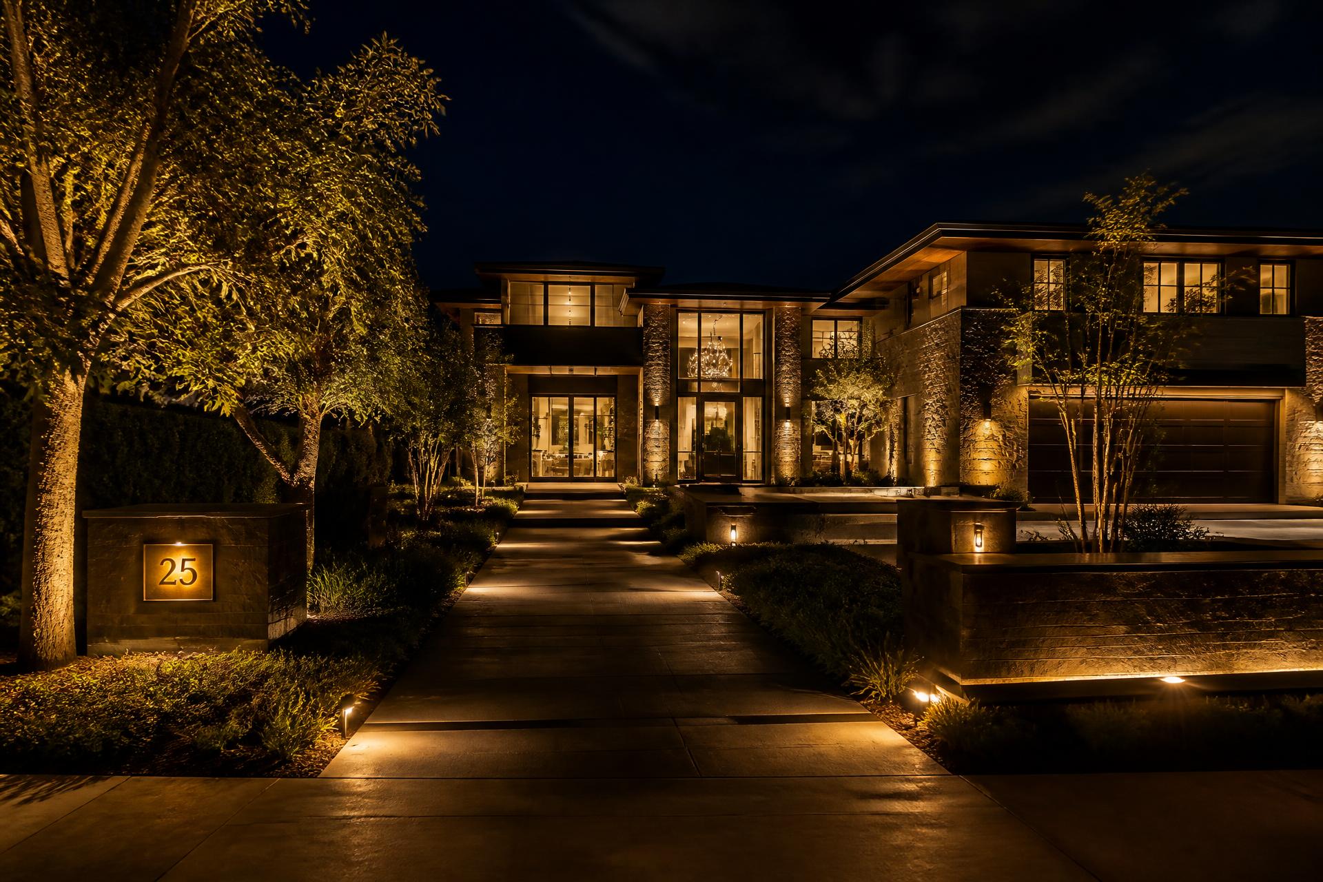 Luxury home at night illuminated by professional landscape lighting